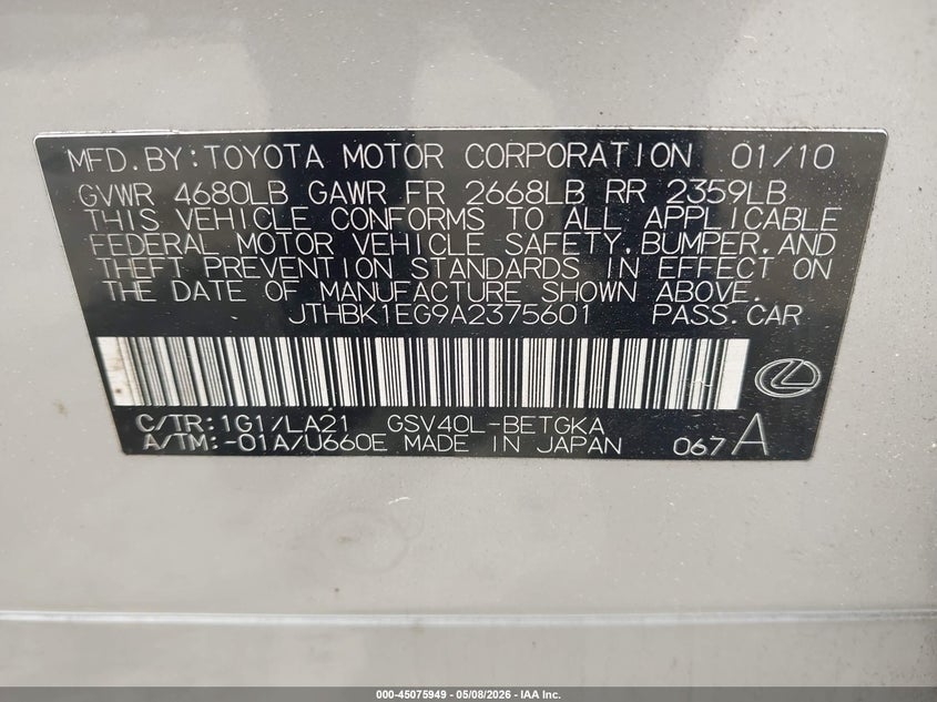 2010 Lexus ES VIN JTHBK1EG9A2375601 IAAI salvage auction — REAR END, Salvage (Georgia), sold $750 on 2026-07-10 (photo 9)