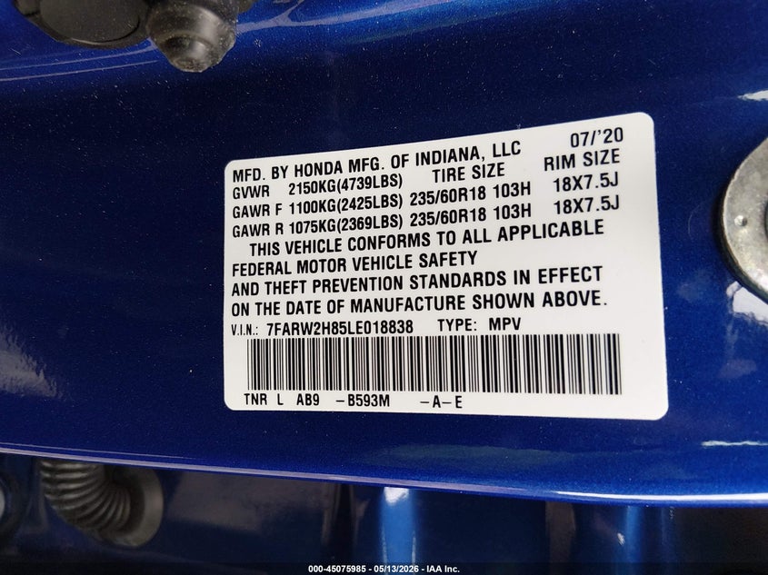 2020 Honda Cr-v VIN 7FARW2H85LE018838 IAAI salvage auction — RIGHT SIDE, Salvage (South Carolina), sold $7,050 on 2026-07-07 (photo 9)