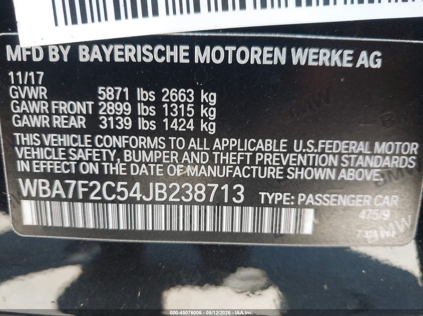 2018 BMW 7er VIN WBA7F2C54JB238713 IAAI salvage auction — WATER/FLOOD, Mv-907A (New York), sold $5,850 on 2026-08-18 (photo 9)