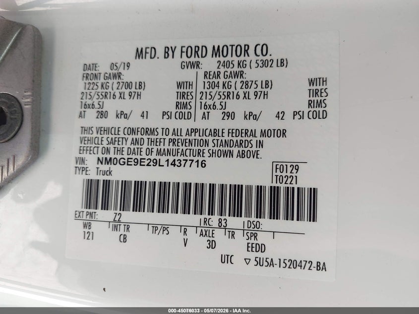 2020 Ford Transit connect VIN NM0GE9E29L1437716 IAAI salvage auction — NORMAL WEAR, Sf97 (Kentucky), sold $10,300 on 2026-07-15 (photo 9)