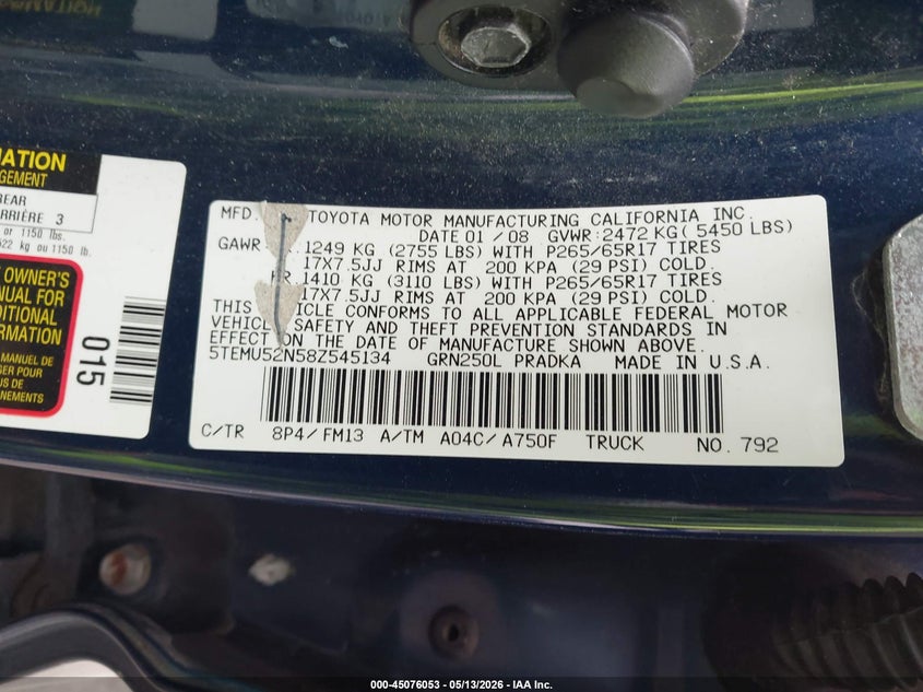 2008 Toyota Tacoma VIN 5TEMU52N58Z545134 IAAI salvage auction — ALL OVER, Salvage (Massachusetts), sold $2,350 on 2026-07-21 (photo 9)