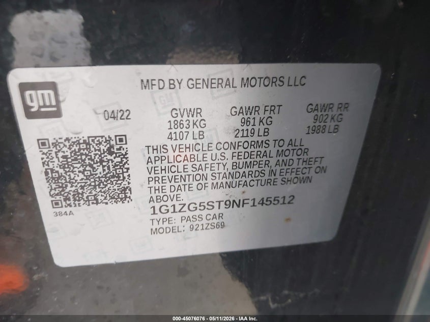 2022 Chevrolet Malibu VIN 1G1ZG5ST9NF145512 IAAI salvage auction — WATER/FLOOD, Salvage (Texas), sold $1,650 on 2026-07-17 (photo 9)