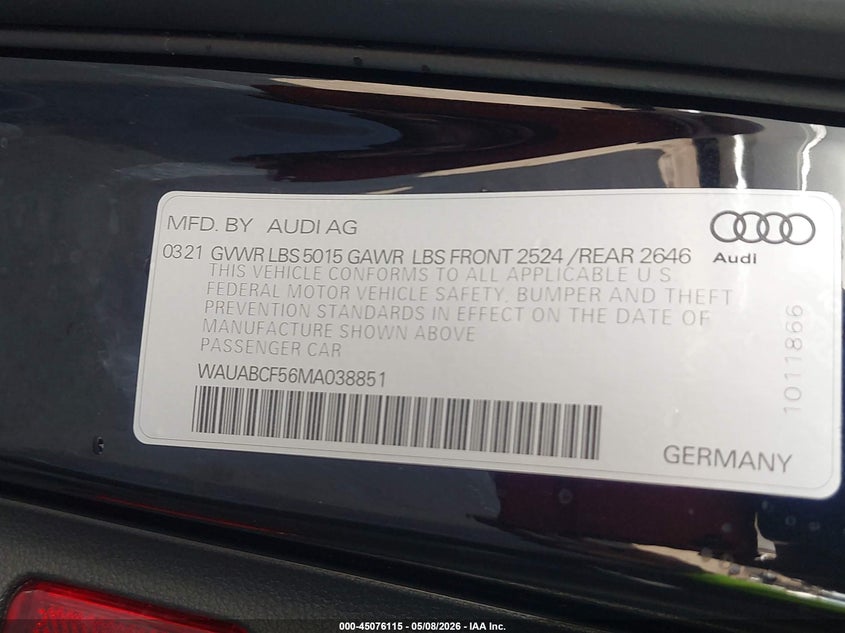 2021 Audi A5 VIN WAUABCF56MA038851 IAAI salvage auction — LEFT FRONT, Salvage (Arizona), sold $6,100 on 2026-07-28 (photo 9)