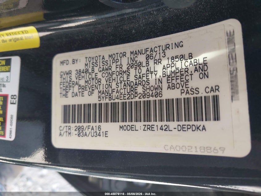 2013 Toyota Corolla VIN 5YFBU4EE2DP209406 IAAI salvage auction — HAIL, Clear (Missouri), sold $2,350 on 2026-07-06 (photo 9)