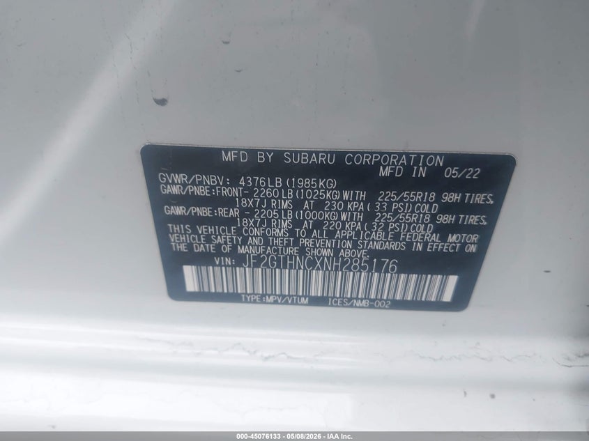 2022 Subaru VIN JF2GTHNCXNH285176 IAAI salvage auction — FRONT & REAR, Certificate Of Destruction (Florida), sold $1,650 on 2026-07-07 (photo 9)