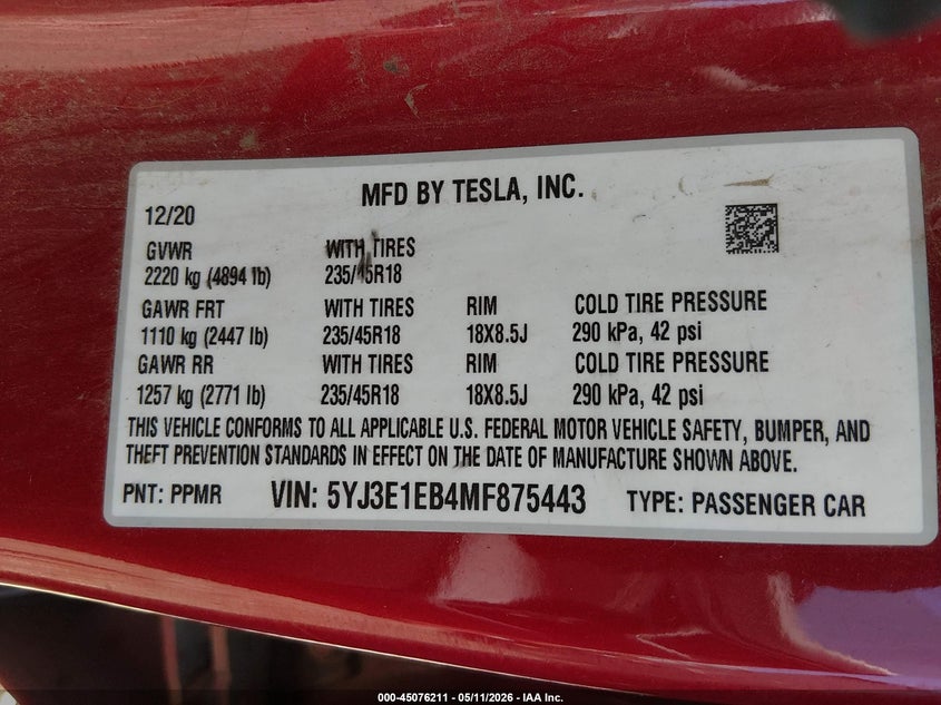2021 Tesla Model 3 VIN 5YJ3E1EB4MF875443 IAAI salvage auction — RIGHT FRONT, Salvage (Oregon), sold $4,150 on 2026-07-30 (photo 9)