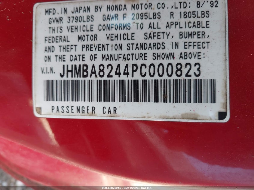 1993 Honda Prelude VIN JHMBA8244PC000823 IAAI salvage auction — MECHANICAL, Clear (New Jersey), sold $225 on 2026-07-13 (photo 9)