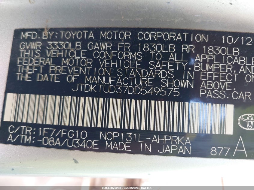 2013 Toyota Yaris VIN JTDKTUD37DD549575 IAAI salvage auction — FRONT END, Salvage (North Carolina), sold $25 on 2026-07-30 (photo 9)
