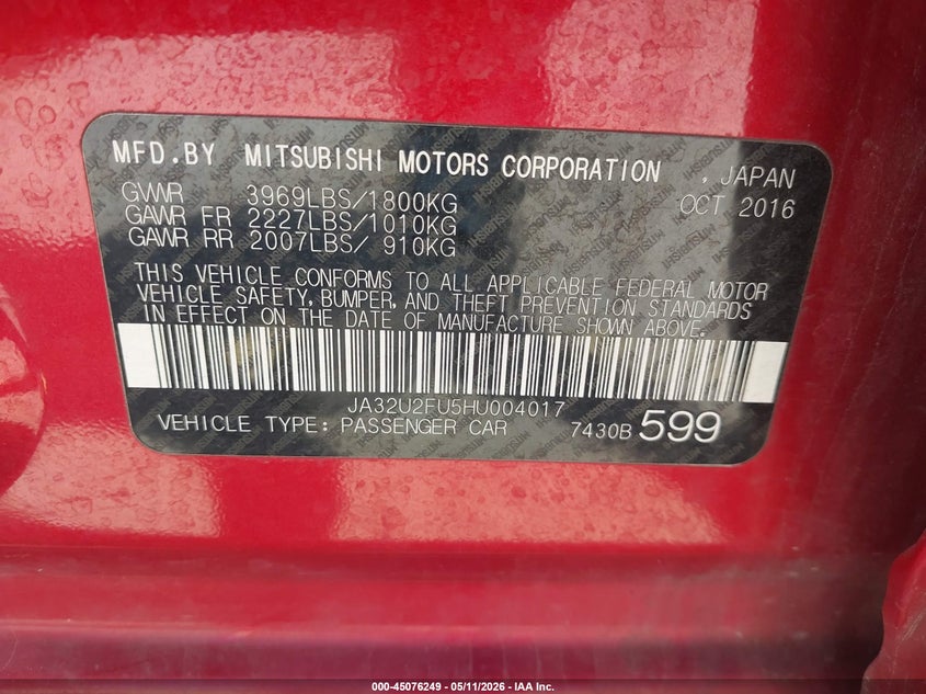 2017 Mitsubishi Lancer VIN JA32U2FU5HU004017 IAAI salvage auction — RIGHT SIDE, Original (Texas), sold $1,250 on 2026-07-06 (photo 9)