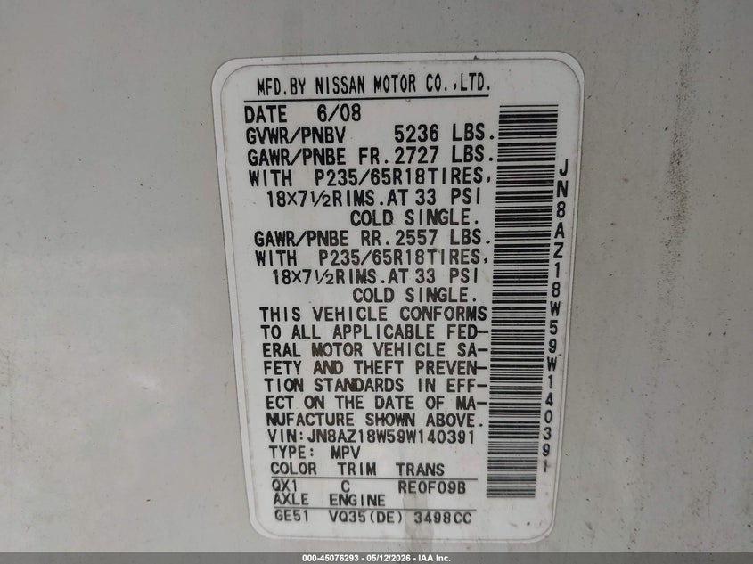 2009 Nissan Murano VIN JN8AZ18W59W140391 IAAI salvage auction — FRONT END, Salvage (Pennsylvania), sold $375 on 2026-07-07 (photo 9)