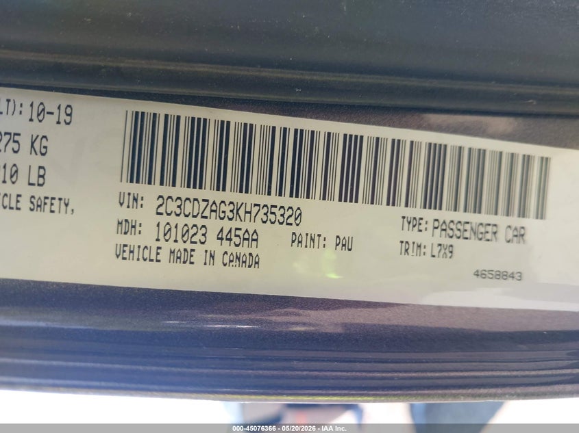2019 Dodge Challenger VIN 2C3CDZAG3KH735320 IAAI salvage auction — FRONT & REAR, Wait Title, sold $1,900 on 2026-09-04 (photo 9)