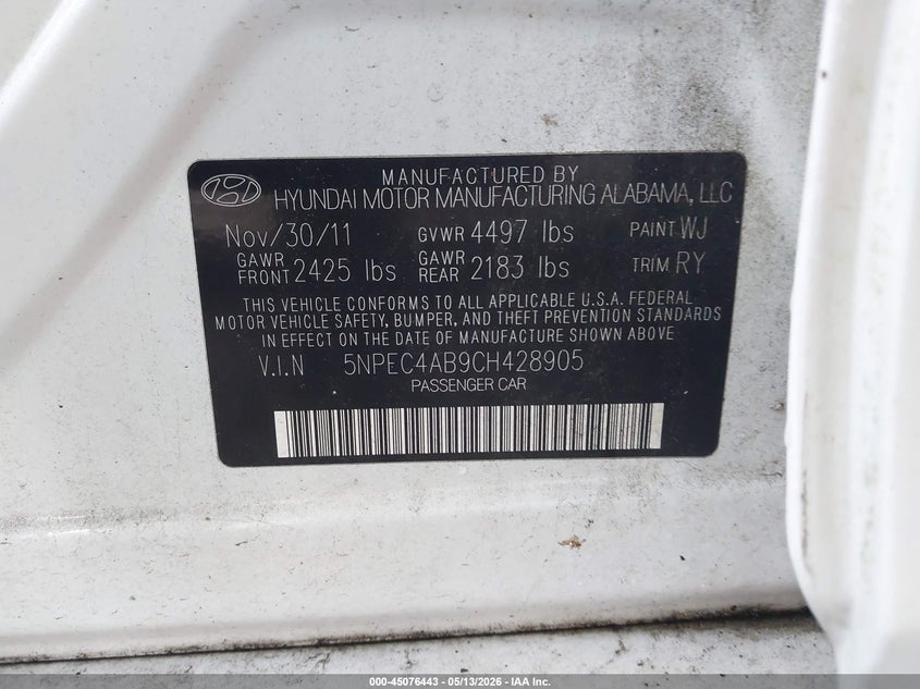 2012 Hyundai Sonata VIN 5NPEC4AB9CH428905 IAAI salvage auction — FRONT END, Salvage - Greater Than 75% (Maryland), sold $25 on 2026-07-21 (photo 9)