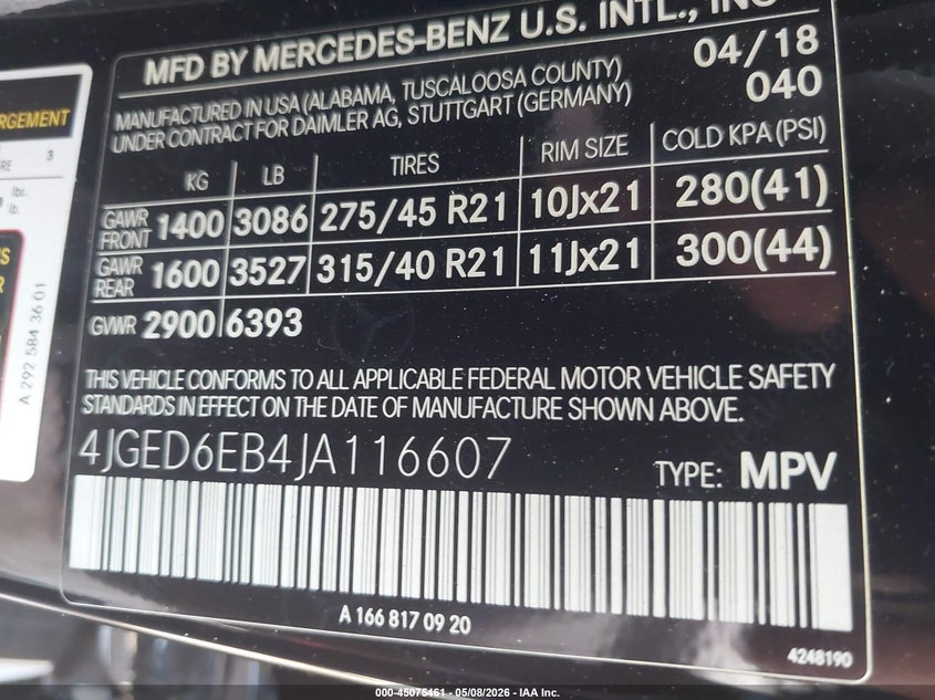 2018 Mercedes-benz Amg gle coupe VIN 4JGED6EB4JA116607 IAAI salvage auction — FRONT END, Salvage (Oklahoma), sold $10,500 on 2026-07-22 (photo 9)