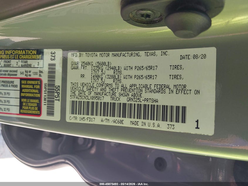 2020 Toyota Tacoma VIN 5TFAZ5CN3LX095017 IAAI salvage auction — REAR END, Original (Texas), sold $22,725 on 2026-07-10 (photo 9)