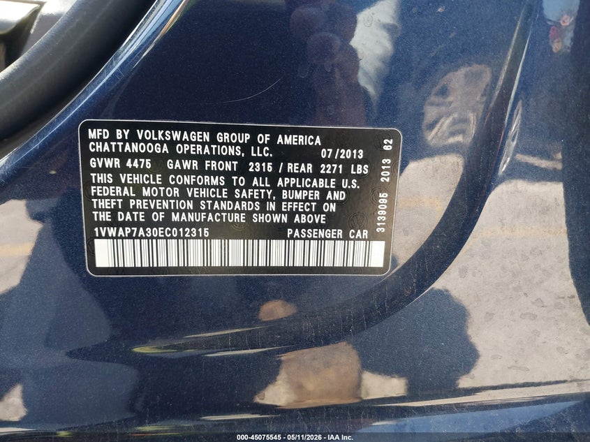 2014 Volkswagen Passat VIN 1VWAP7A30EC012315 IAAI salvage auction — RIGHT FRONT, Original (Texas), sold $925 on 2026-07-09 (photo 9)
