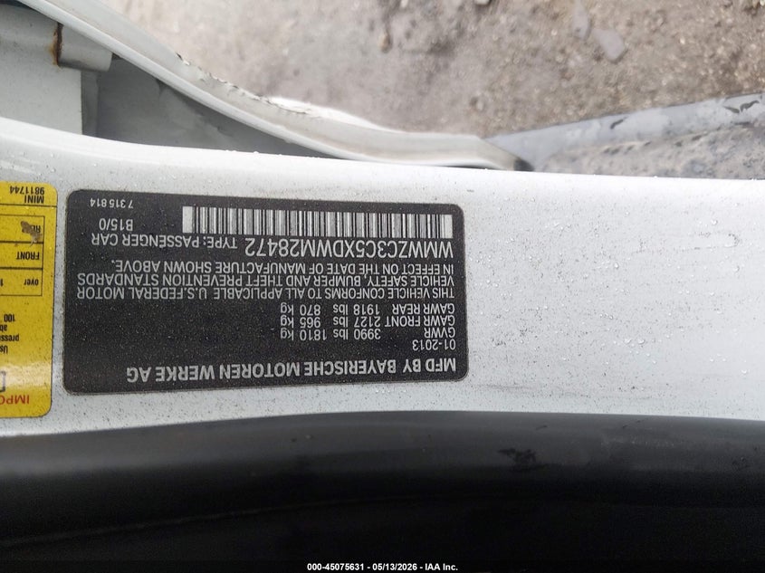 2013 Mini Countryman VIN WMWZC3C5XDWM28472 IAAI salvage auction — LEFT SIDE, Clear (Massachusetts), sold $425 on 2026-07-17 (photo 9)