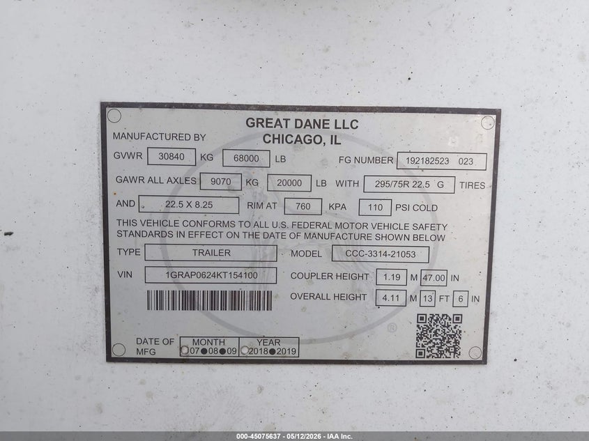 2019 Great dane trailers Unknown VIN 1GRAP0624KT154100 IAAI salvage auction — UNKNOWN, Original (West Virginia), sold $11,250 on 2026-08-13 (photo 9)
