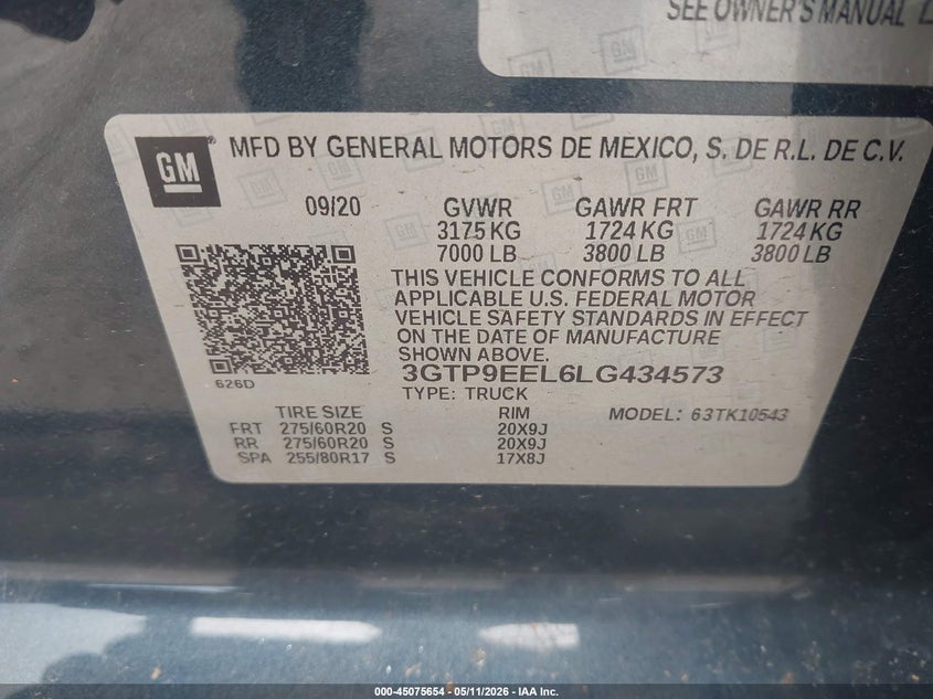 2020 Gmc SIERRA VIN 3GTP9EEL6LG434573 IAAI salvage auction — STORM DAMAGE, Original (Texas), sold $14,775 on 2026-07-29 (photo 9)