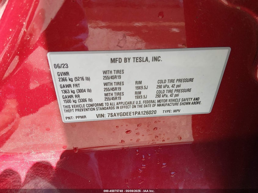 2023 Tesla Model y VIN 7SAYGDEE1PA126020 IAAI salvage auction — LEFT SIDE, Salvage (North Carolina), sold $11,000 on 2026-07-31 (photo 9)