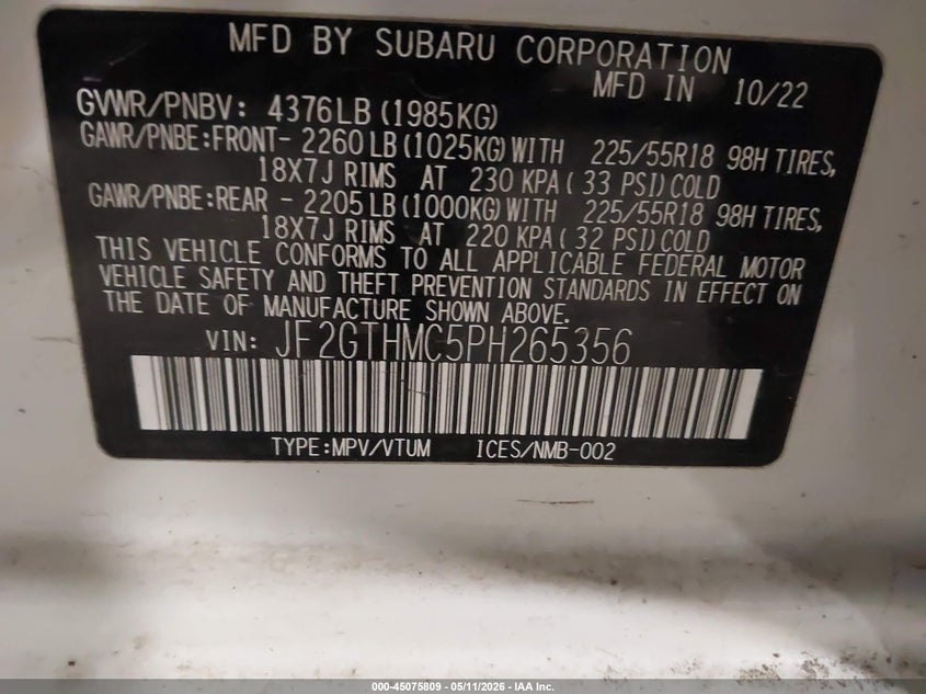 2023 Subaru Xv VIN JF2GTHMC5PH265356 IAAI salvage auction — FRONT & REAR, Salvage (Minnesota), sold $3,350 on 2026-07-08 (photo 9)
