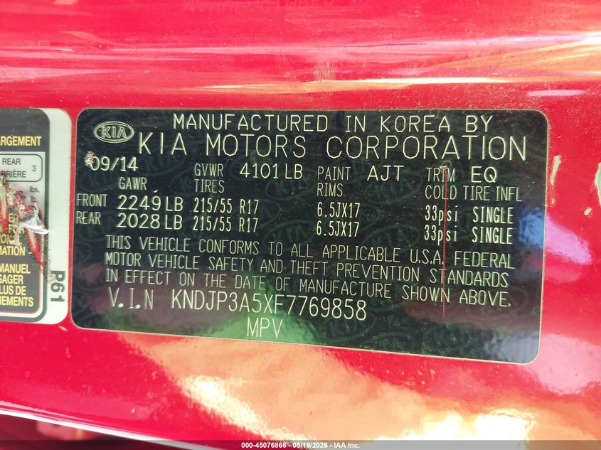 2015 Kia Soul VIN KNDJP3A5XF7769858 IAAI salvage auction — NORMAL WEAR, Clear (Hawaii), sold $400 on 2026-07-28 (photo 9)