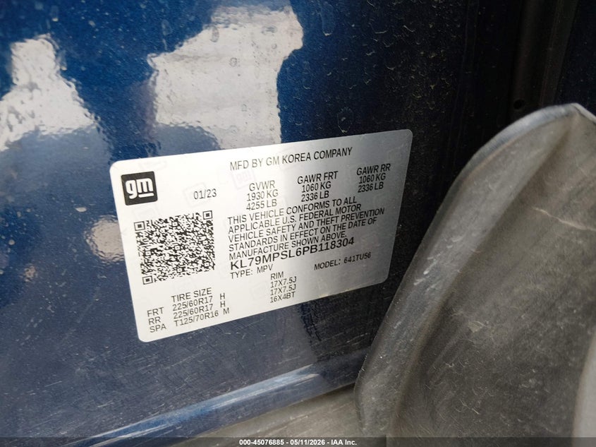 2023 Chevrolet Trailblazer VIN KL79MPSL6PB118304 IAAI salvage auction — REAR END, Original (Texas), sold $6,250 on 2026-07-24 (photo 9)