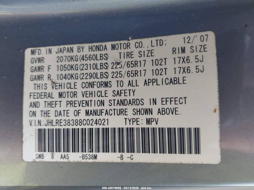 2008 Honda Cr-v VIN JHLRE38388C024021 IAAI salvage auction — FRONT END, Clear (Hawaii), sold $500 on 2026-07-23 (photo 9)