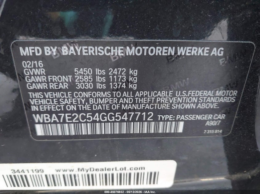 2016 BMW 7er VIN WBA7E2C54GG547712 IAAI salvage auction — LEFT FRONT, Original (Texas), sold $6,150 on 2026-07-28 (photo 9)