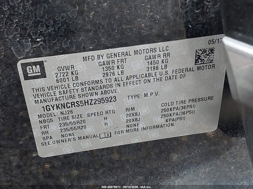 2017 Cadillac Xt5 VIN 1GYKNCRS5HZ295923 IAAI salvage auction — REAR END, Salvage (Louisiana), sold $3,150 on 2026-07-09 (photo 9)