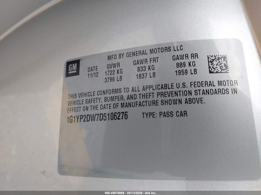 2013 Chevrolet Corvette VIN 1G1YP2DW7D5106276 IAAI salvage auction — FRONT END, Rebuildable (Florida), sold $14,500 on 2026-07-09 (photo 9)