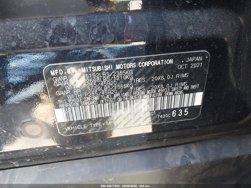 2022 Mitsubishi Outlander VIN JA4J4TA86NZ040501 IAAI salvage auction — RIGHT FRONT, Regular (South Dakota), sold $4,950 on 2026-07-14 (photo 9)