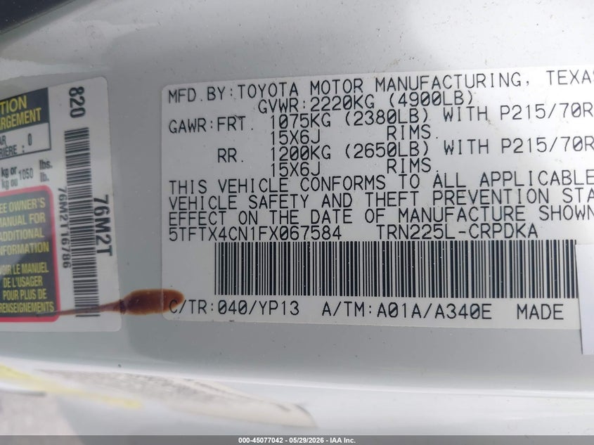 2015 Toyota Tacoma VIN 5TFTX4CN1FX067584 IAAI salvage auction — FRONT & REAR, Salvage (California), sold $3,750 on 2026-07-07 (photo 9)