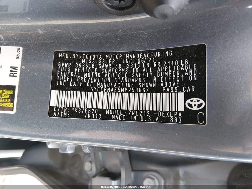 2021 Toyota Corolla VIN 5YFEPMAE5MP258867 IAAI salvage auction — LEFT SIDE, Salvage (Illinois), sold $4,000 on 2026-07-11 (photo 9)