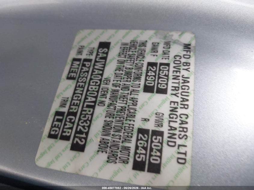 2010 Jaguar Xf VIN SAJWA0GB0ALR53212 IAAI salvage auction — NORMAL WEAR, Bill Of Sale (Tennessee), sold $200 on 2026-07-21 (photo 9)