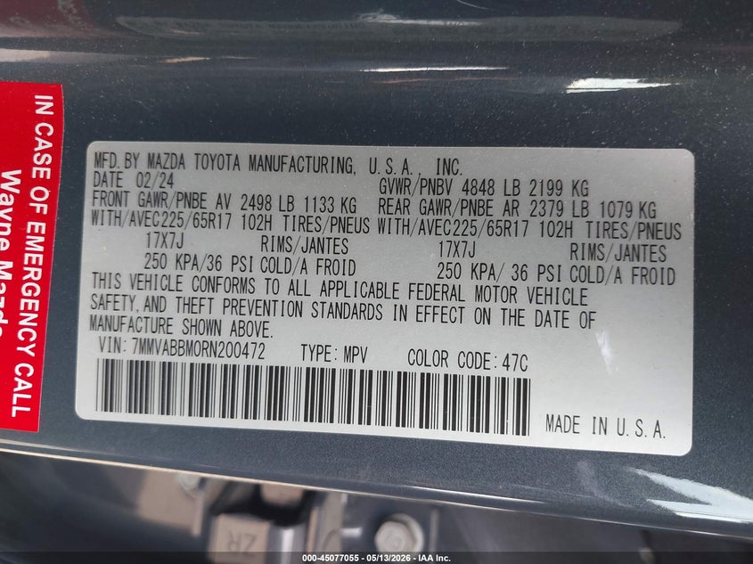 2024 Mazda Cx-50 VIN 7MMVABBM0RN200472 IAAI salvage auction — FRONT END, Mv-907A (New York), sold $7,300 on 2026-07-18 (photo 9)
