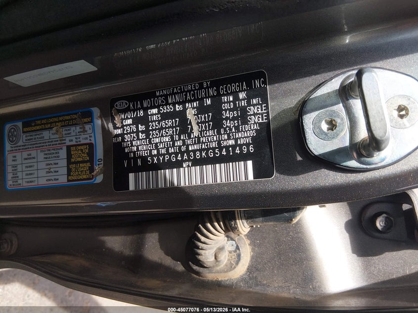 2019 Kia Sorento VIN 5XYPG4A38KG541496 IAAI salvage auction — FRONT END, Salvage (Texas), sold $1,300 on 2026-07-08 (photo 9)