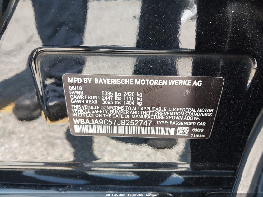 2018 BMW 5er VIN WBAJA9C57JB252747 IAAI salvage auction — FRONT END, Salvage (California), sold $7,350 on 2026-07-14 (photo 9)
