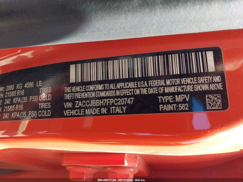 2015 Jeep Renegade VIN ZACCJBBH7FPC20747 IAAI salvage auction — FRONT END, Salvage Title, sold $2,500 on 2026-08-13 (photo 9)