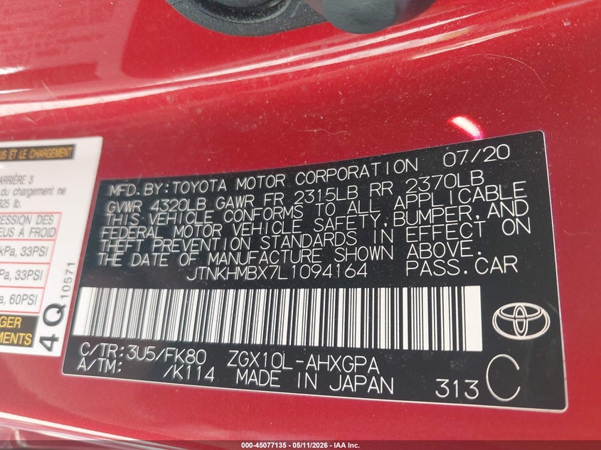 2020 Toyota C-hr VIN JTNKHMBX7L1094164 IAAI salvage auction — RIGHT REAR, Salvage (Ohio), sold $5,800 on 2026-07-13 (photo 9)