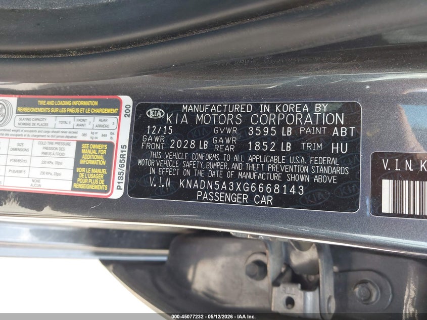 2016 Kia Rio VIN KNADN5A3XG6668143 IAAI salvage auction — REAR END, Original (Texas), sold $2,100 on 2026-07-28 (photo 9)
