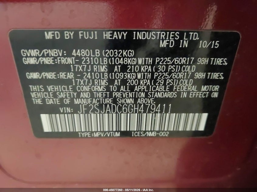 2016 Subaru Forester VIN JF2SJADC6GH479411 IAAI salvage auction — LEFT SIDE, Salvage (Minnesota), sold $1,150 on 2026-07-22 (photo 9)