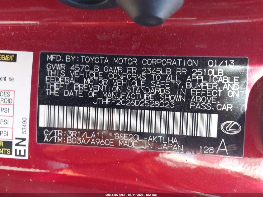 2013 Lexus Is VIN JTHFF2C26D2528023 IAAI salvage auction — REAR END, Salvage (Texas), sold $1,050 on 2026-07-28 (photo 9)