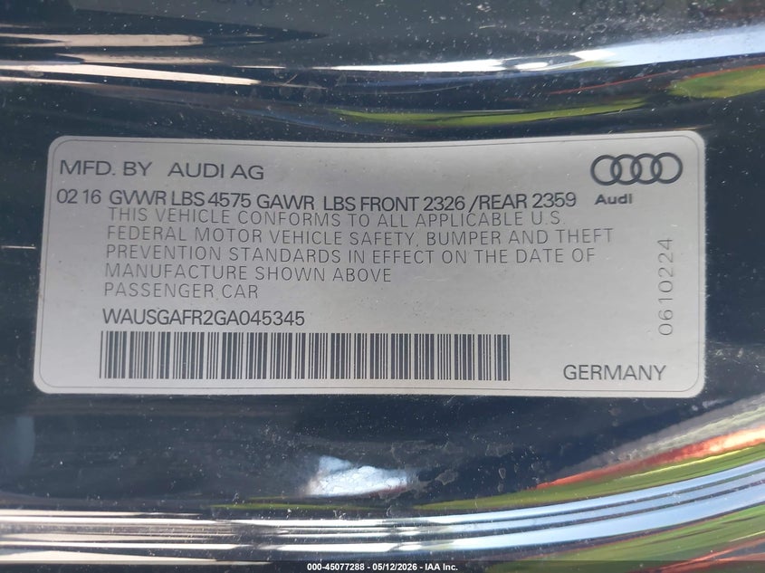2016 Audi A5 VIN WAUSGAFR2GA045345 IAAI salvage auction — FRONT END, Salvage - 75% Or Less (Maryland), sold $1,750 on 2026-07-29 (photo 9)