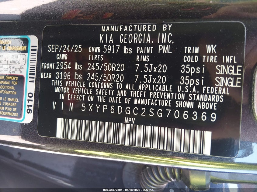 2025 Kia Telluride VIN 5XYP6DGC2SG706369 IAAI salvage auction — FRONT END, Salvage (Ohio), sold $13,900 on 2026-07-07 (photo 9)