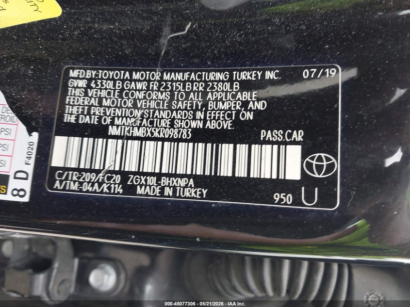2019 Toyota C-hr VIN NMTKHMBX5KR098783 IAAI salvage auction — FRONT END, Salvage (Rhode Island), sold $225 on 2026-07-28 (photo 9)