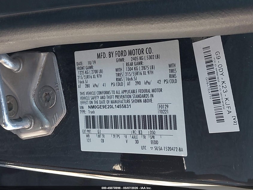 2020 Ford Transit connect VIN NM0GE9E20L1455831 IAAI salvage auction — NORMAL WEAR, Sf97 (Indiana), sold $1,050 on 2026-07-15 (photo 9)