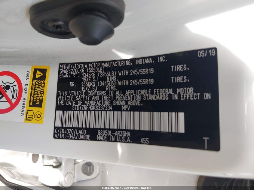 2019 Toyota Highlander VIN 5TDYZRFHXKS337334 IAAI salvage auction — RIGHT FRONT, Salvage (South Carolina), sold $7,500 on 2026-07-14 (photo 9)