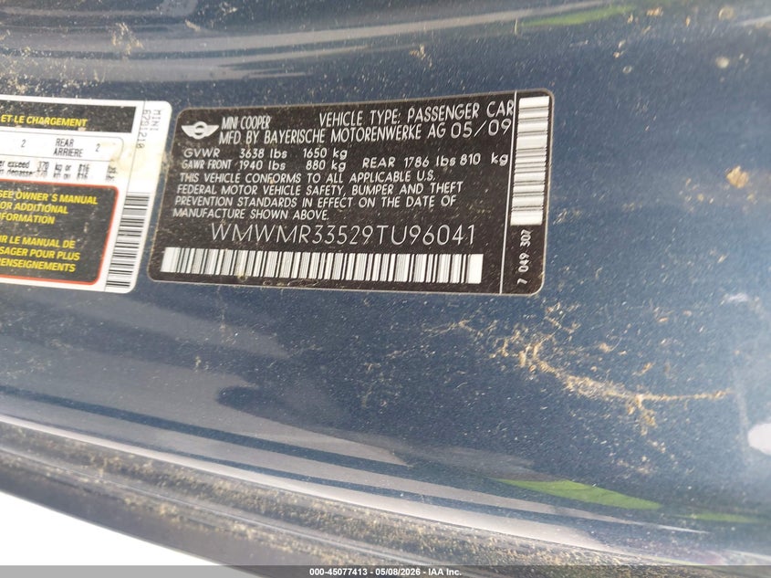2009 Mini Cooper VIN WMWMR33529TU96041 IAAI salvage auction — FRONT END, Salvage (Illinois), sold $325 on 2026-07-28 (photo 9)