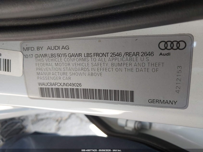 2018 Audi A6 VIN WAUC8AFCXJN049026 IAAI salvage auction — FRONT END, Salvage Title, sold $3,600 on 2026-07-29 (photo 9)