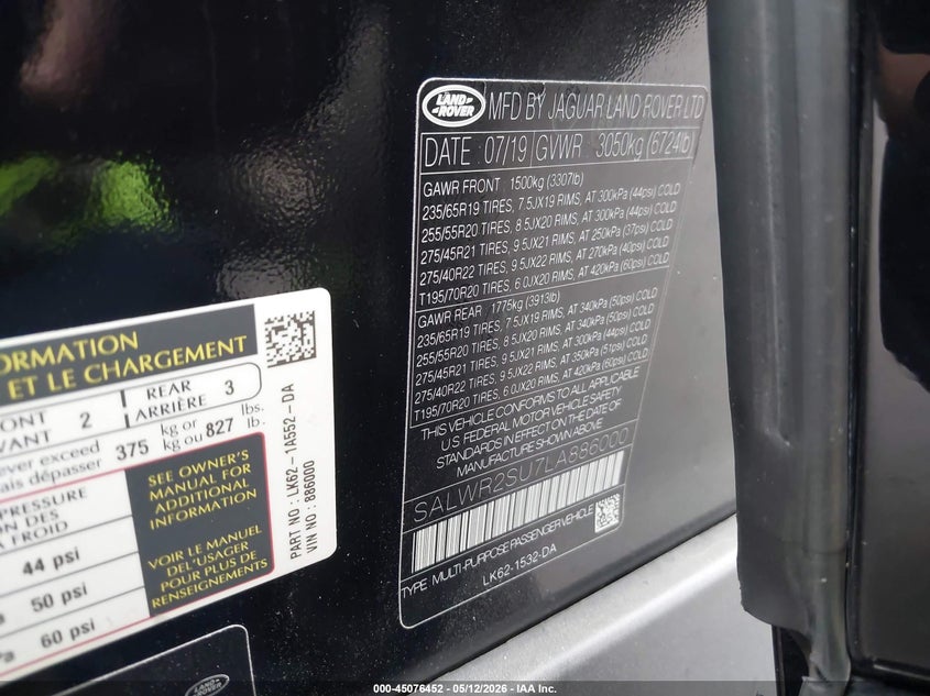 2020 Land rover Range rover sport VIN SALWR2SU7LA886000 IAAI salvage auction — FRONT END, Salvage Title, sold $13,200 on 2026-07-22 (photo 9)